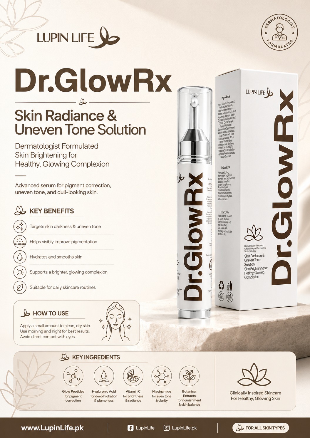 Dr. Glow Rx Brightening Serum — packaging and key ingredients